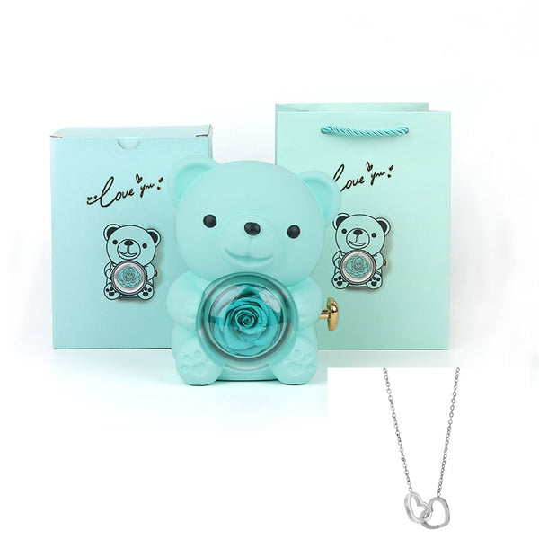 Coffret Ourson avec Collier Gravé & Rose Éternelle