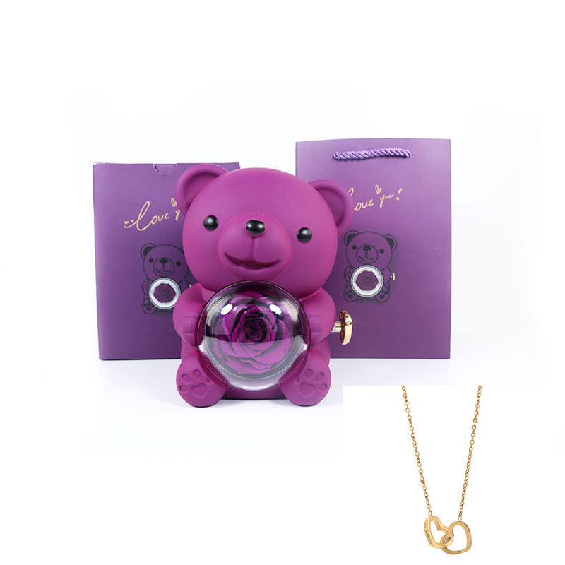 Coffret Ourson avec Collier Gravé & Rose Éternelle