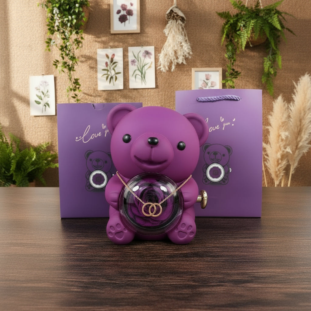 Collier personnalisé 2 prénoms cœur + ourson / Méo