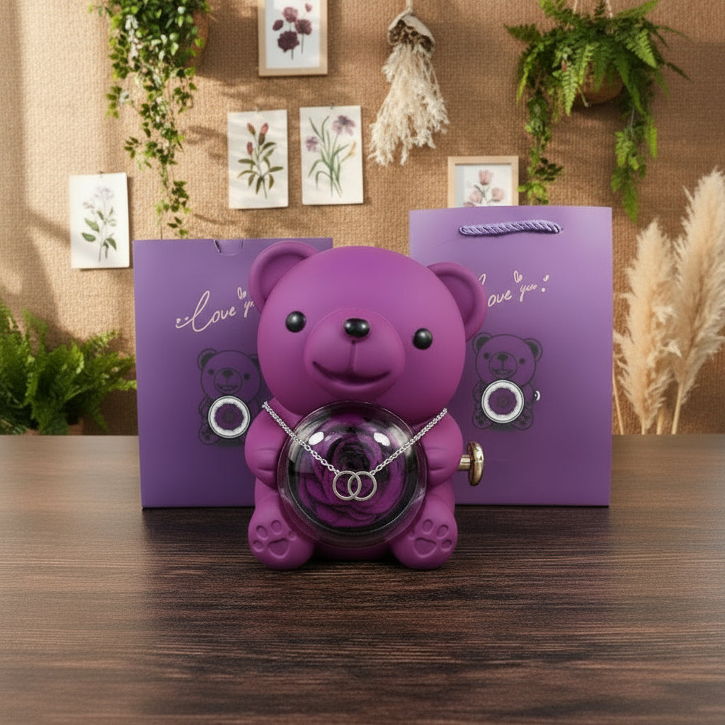 Collier personnalisé 2 prénoms cœur + ourson / Méo