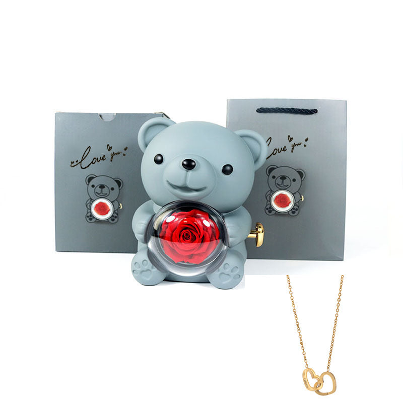 Coffret Ourson avec Collier Gravé & Rose Éternelle