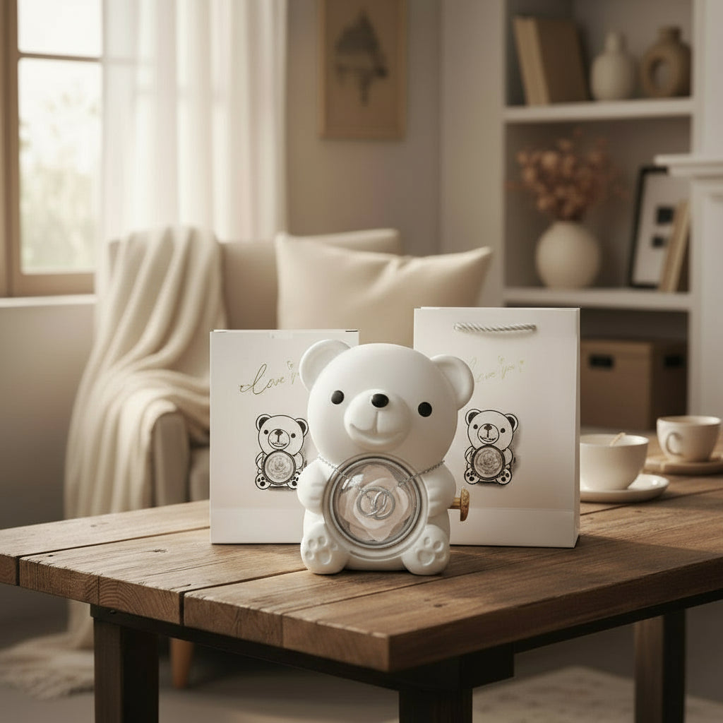 Collier personnalisé 2 prénoms cœur + ourson / Méo