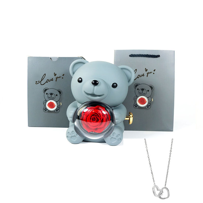 Coffret Ourson avec Collier Gravé & Rose Éternelle