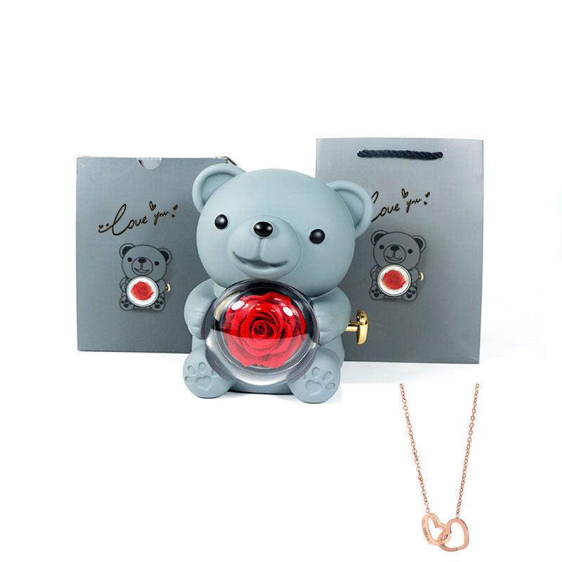 Coffret Ourson avec Collier Gravé & Rose Éternelle