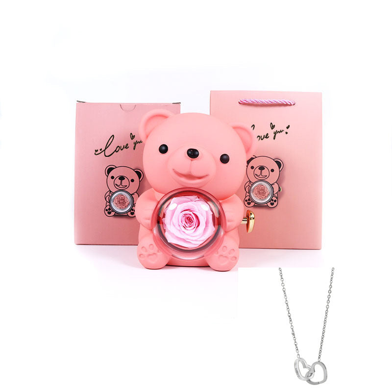 Coffret Ourson avec Collier Gravé & Rose Éternelle