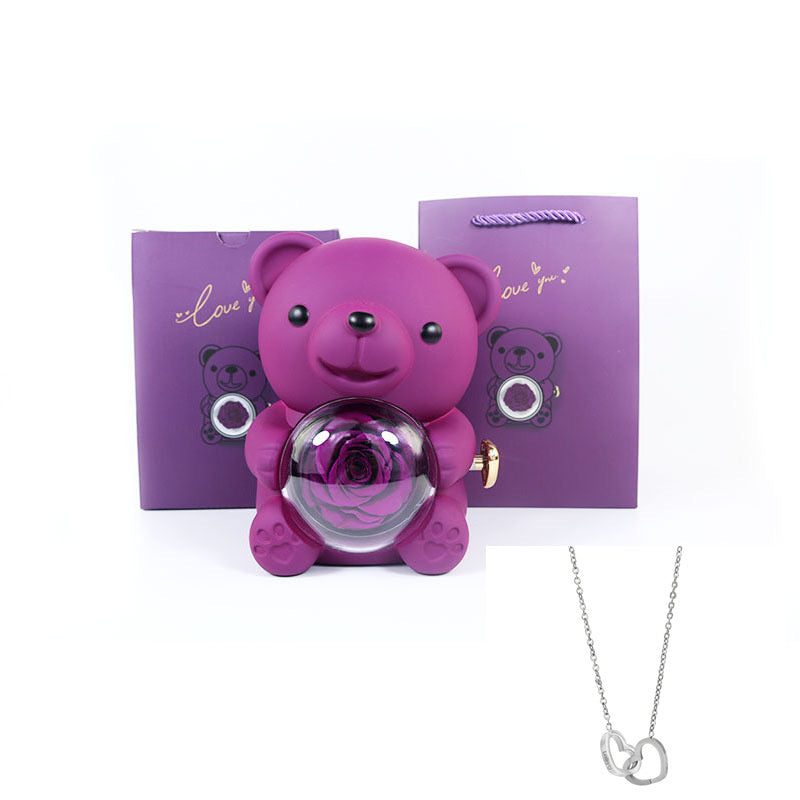 Coffret Ourson avec Collier Gravé & Rose Éternelle