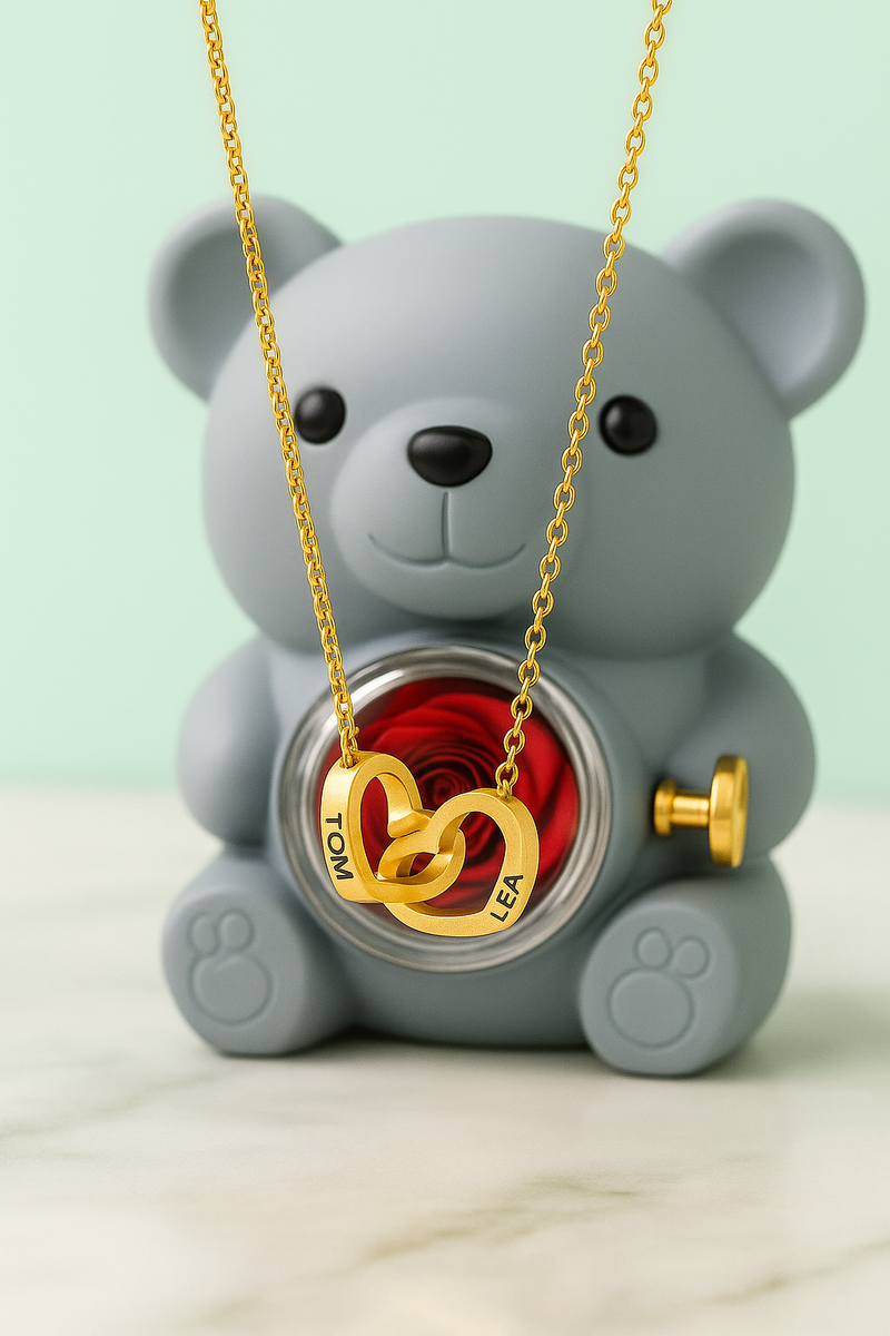 Collier personnalisé 2 prénoms cœur + ourson / Méo