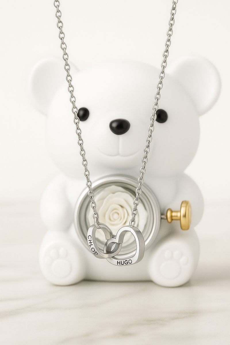 Collier personnalisé 2 prénoms cœur + ourson / Méo