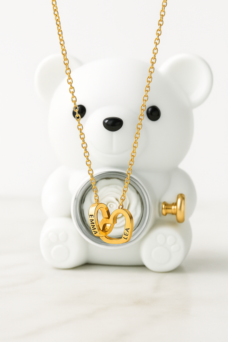Collier personnalisé 2 prénoms cœur + ourson / Méo