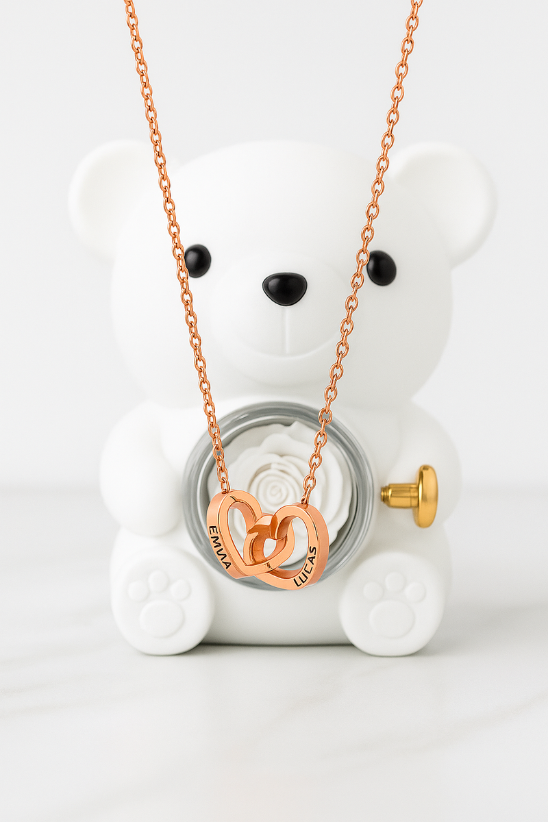 Collier personnalisé 2 prénoms cœur + ourson / Méo