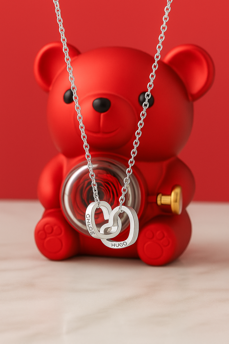 Collier personnalisé 2 prénoms cœur + ourson / Méo