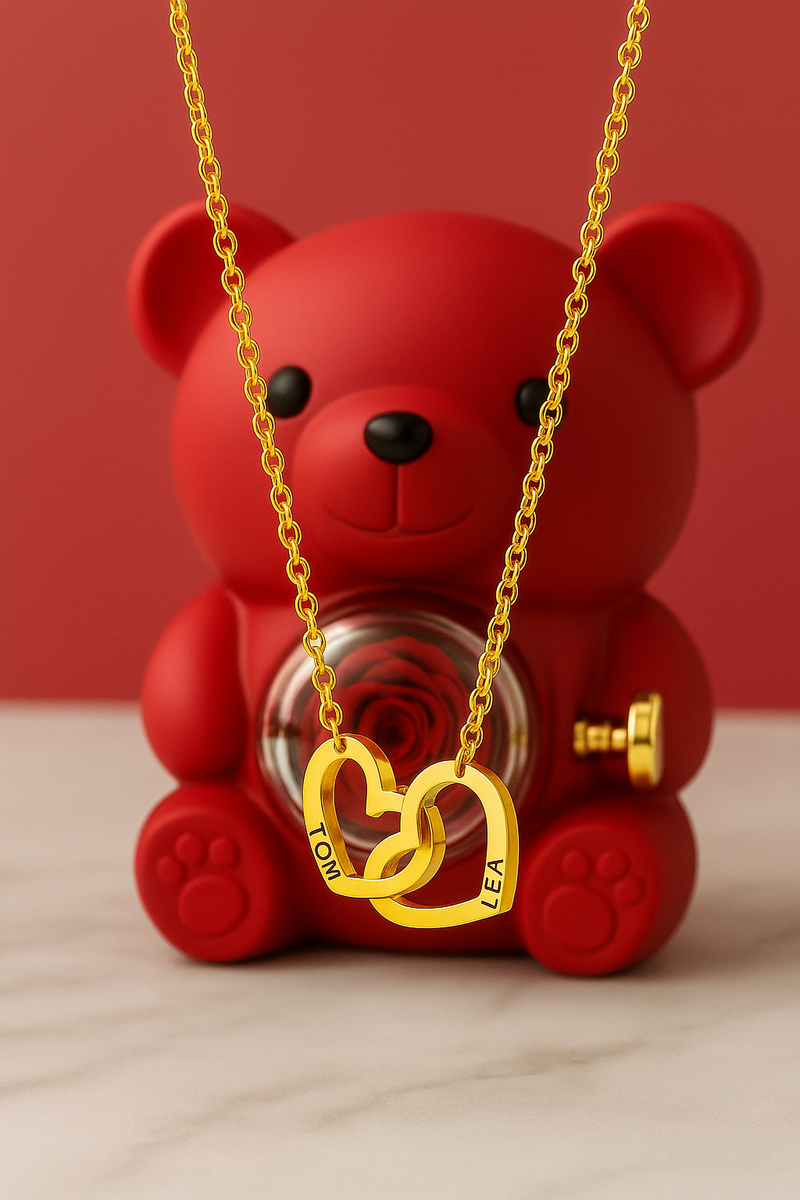 Collier personnalisé 2 prénoms cœur + ourson / Méo