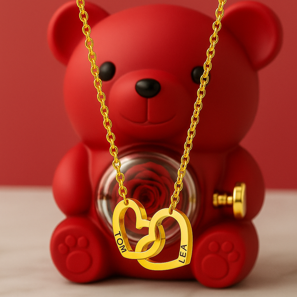Collier personnalisé 2 prénoms cœur + ourson / Méo