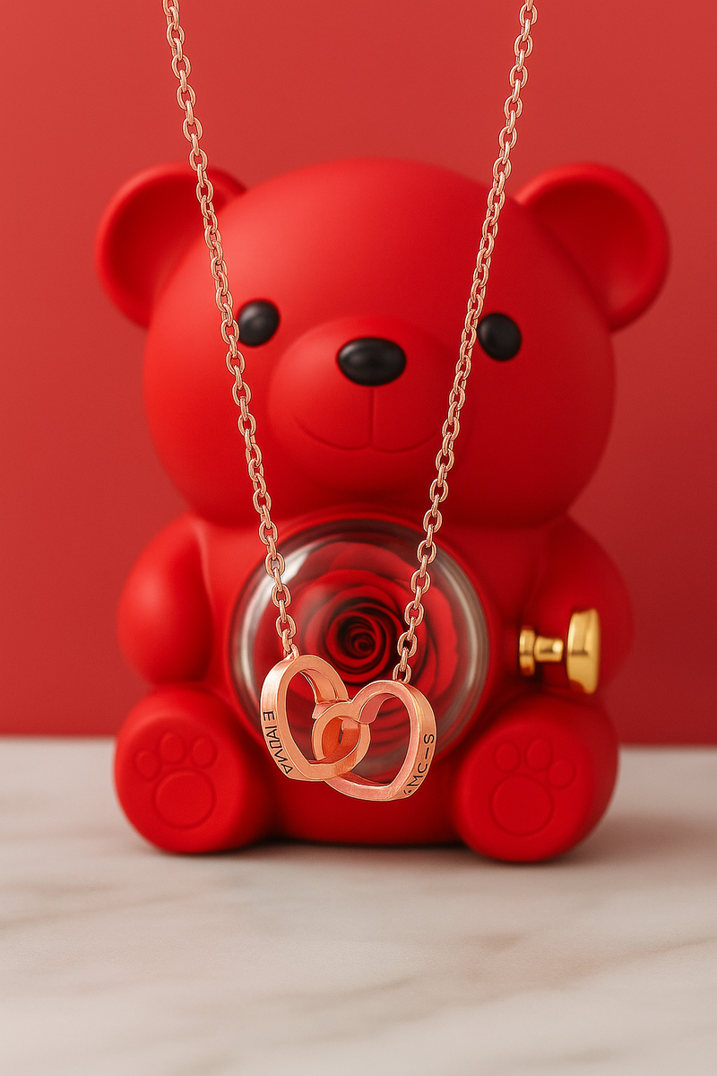 Collier personnalisé 2 prénoms cœur + ourson / Méo