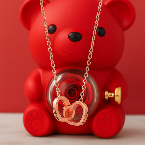Collier personnalisé 2 prénoms cœur + ourson / Méo