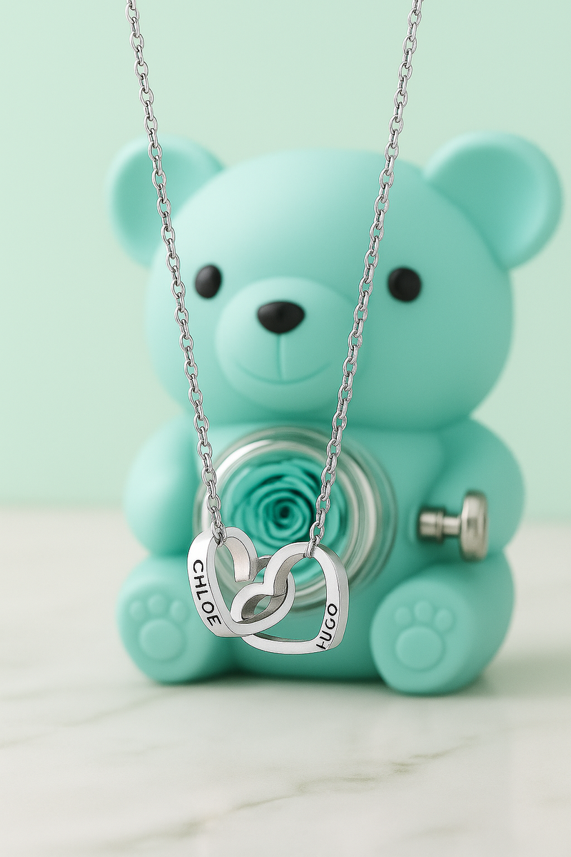 Collier personnalisé 2 prénoms cœur + ourson / Méo