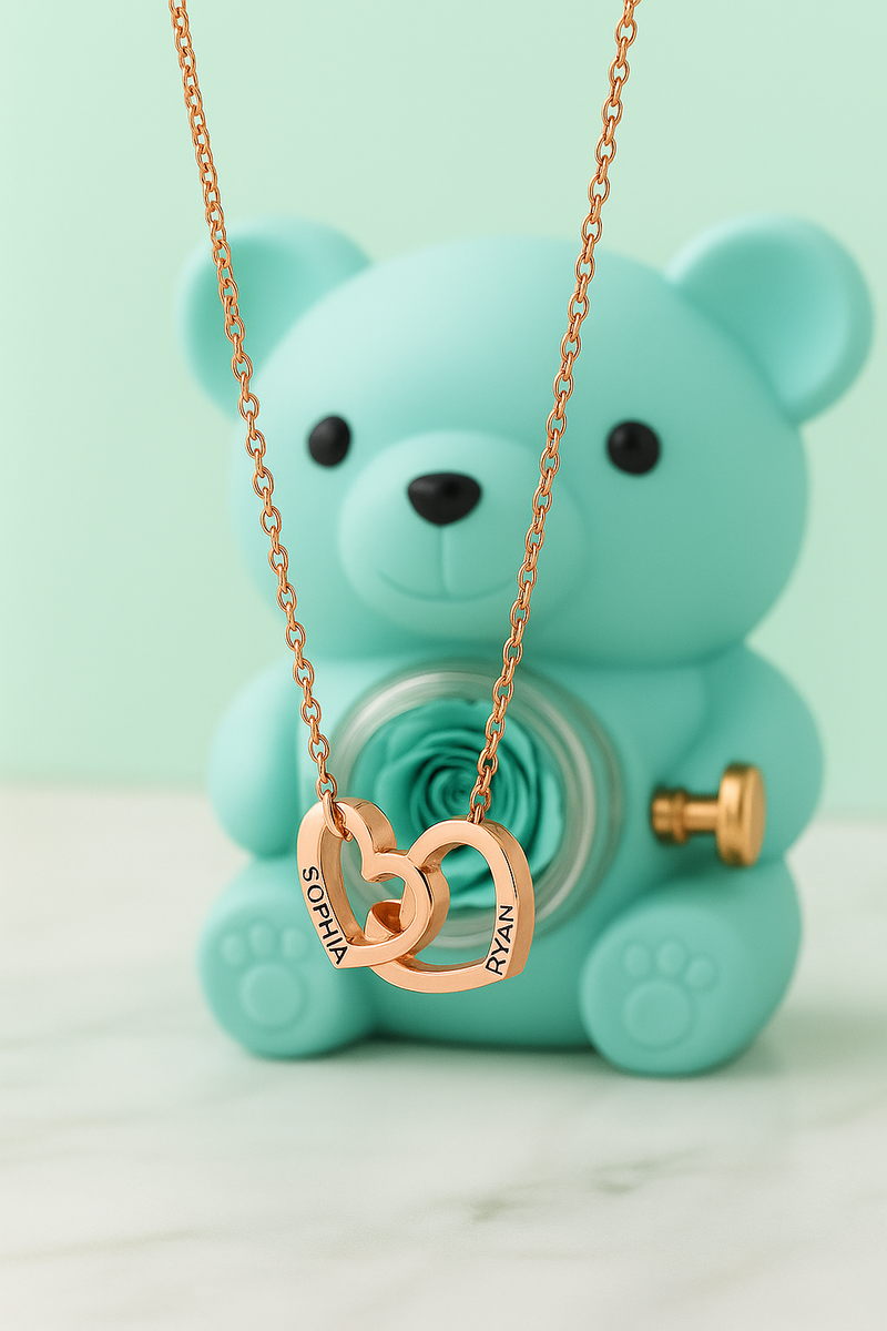 Collier personnalisé 2 prénoms cœur + ourson / Méo