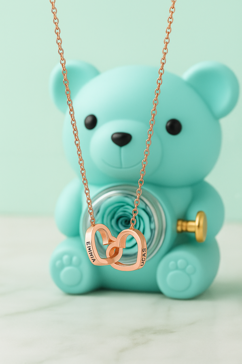 Collier personnalisé 2 prénoms cœur + ourson / Méo
