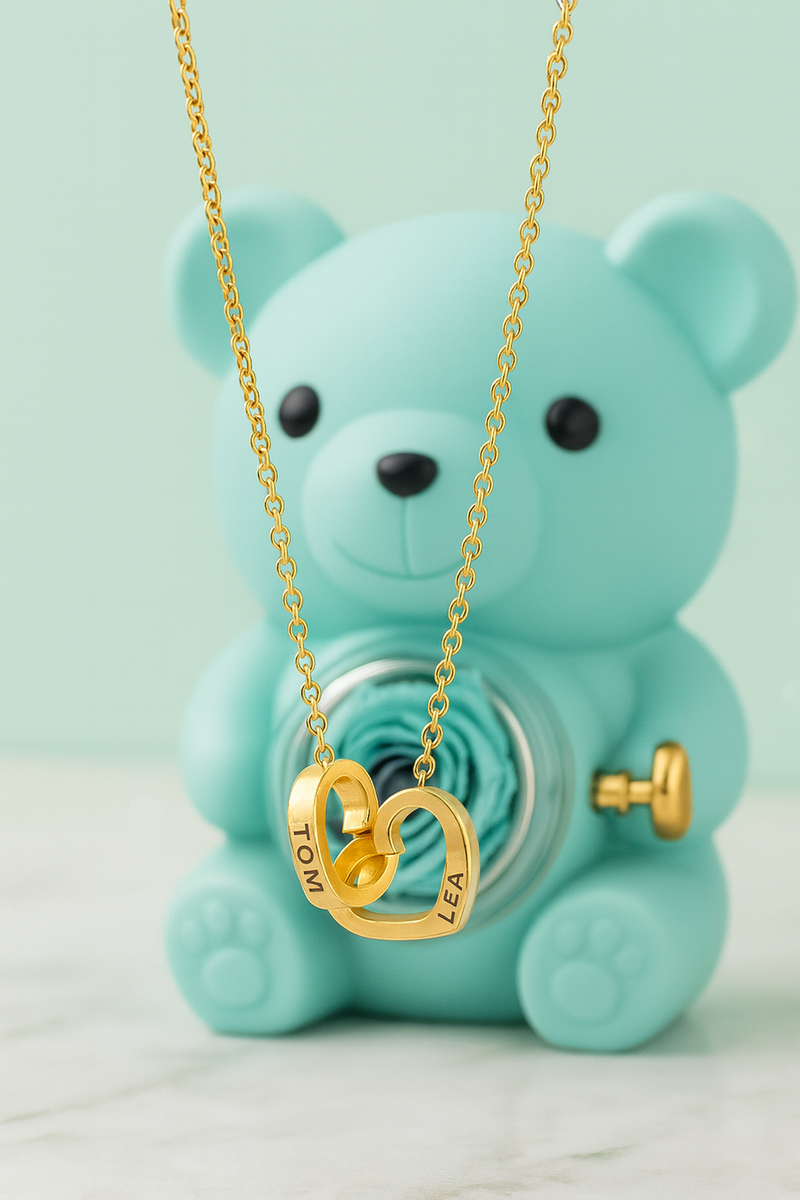 Collier personnalisé 2 prénoms cœur + ourson / Méo