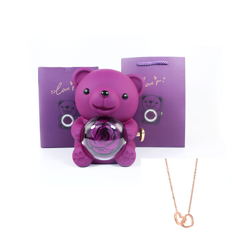 Coffret Ourson avec Collier Gravé & Rose Éternelle